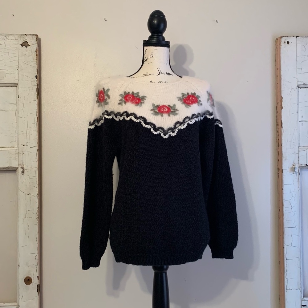 Vintage Black Sweater with White Yoke and Red Floral Detail